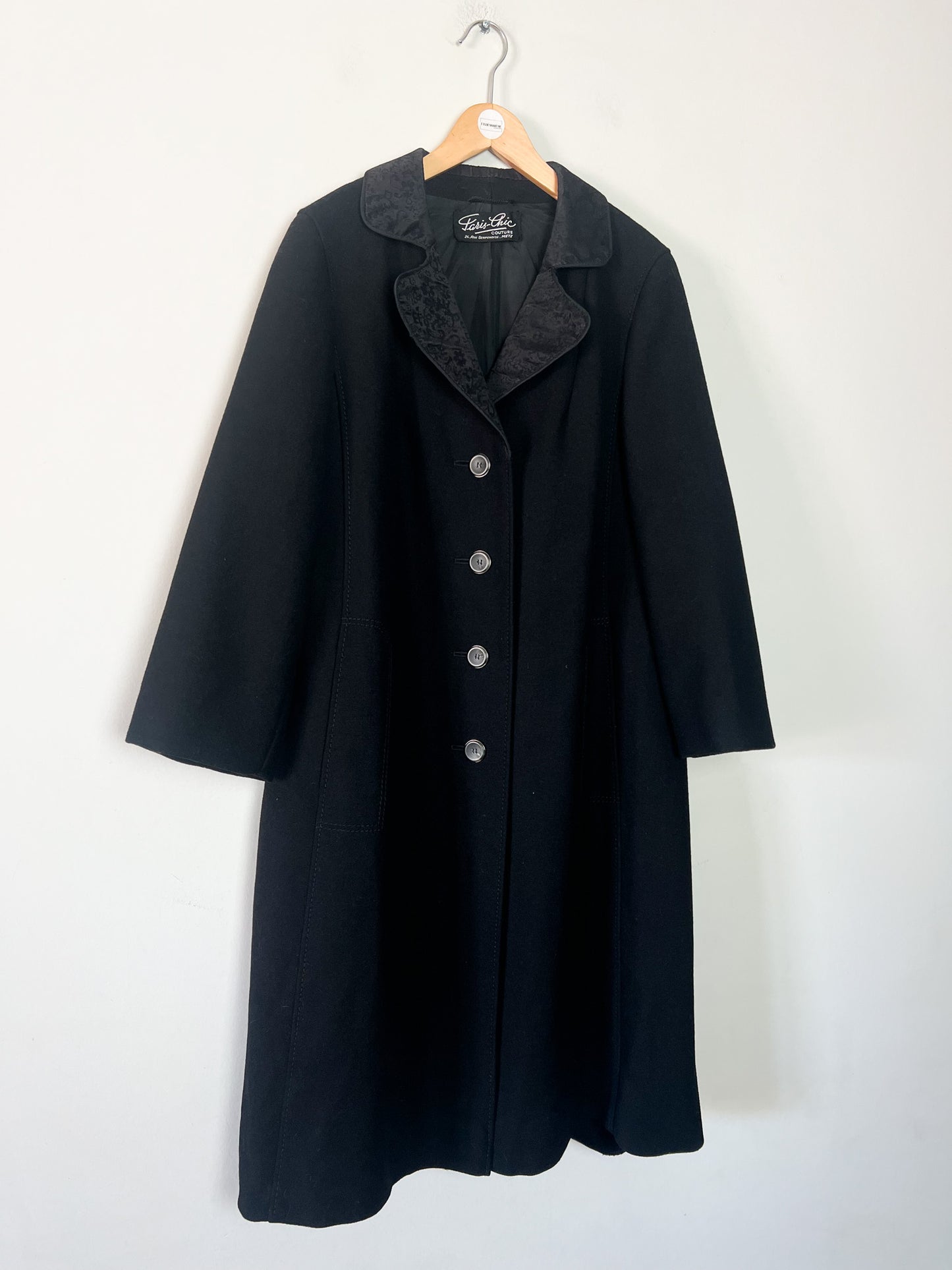 Manteau Vintage Années 60 noir - 100% Pure Laine Vierge - Détails Couture - Paris Chic T40/42