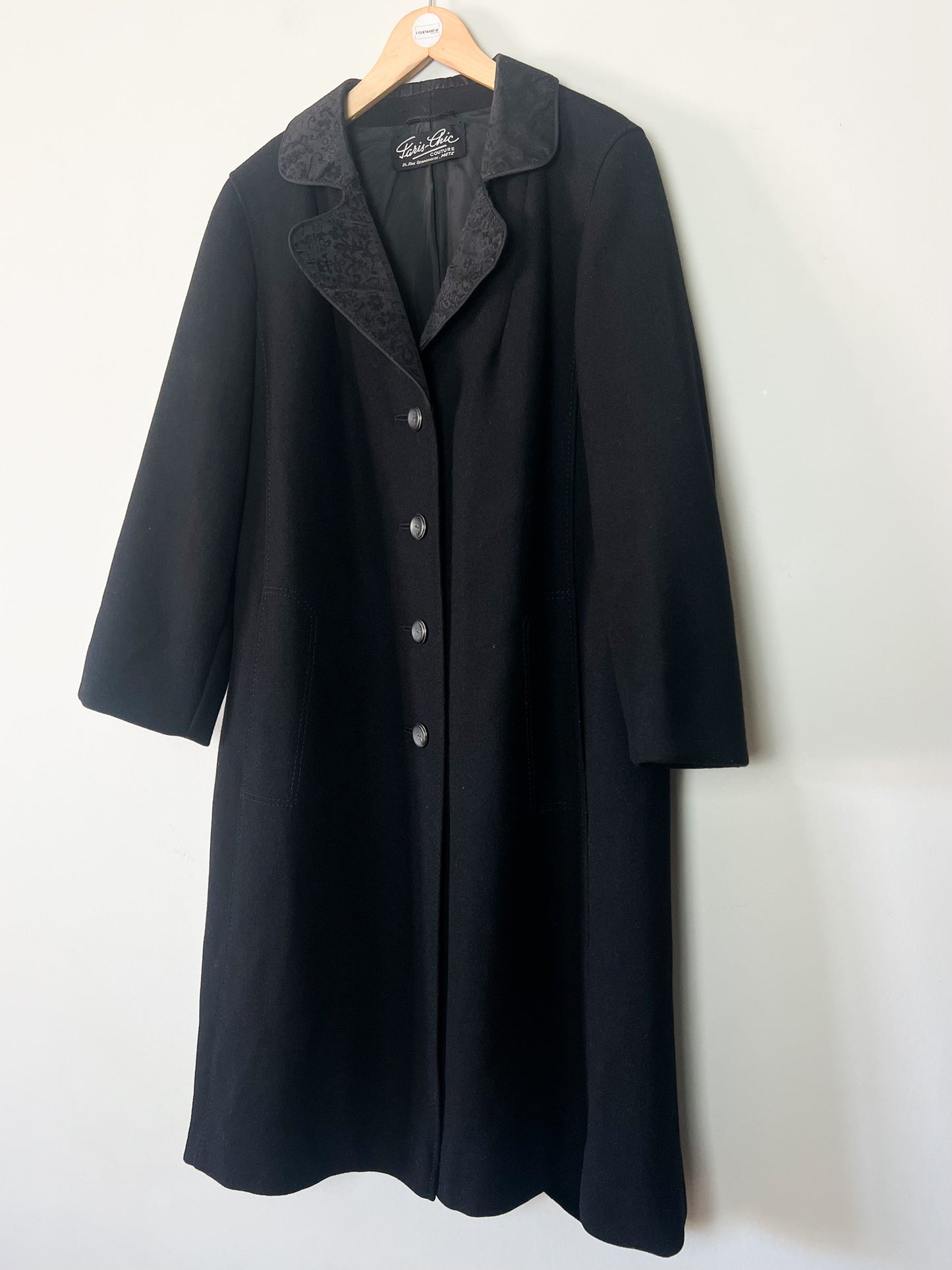 Manteau Vintage Années 60 noir - 100% Pure Laine Vierge - Détails Couture - Paris Chic T40/42