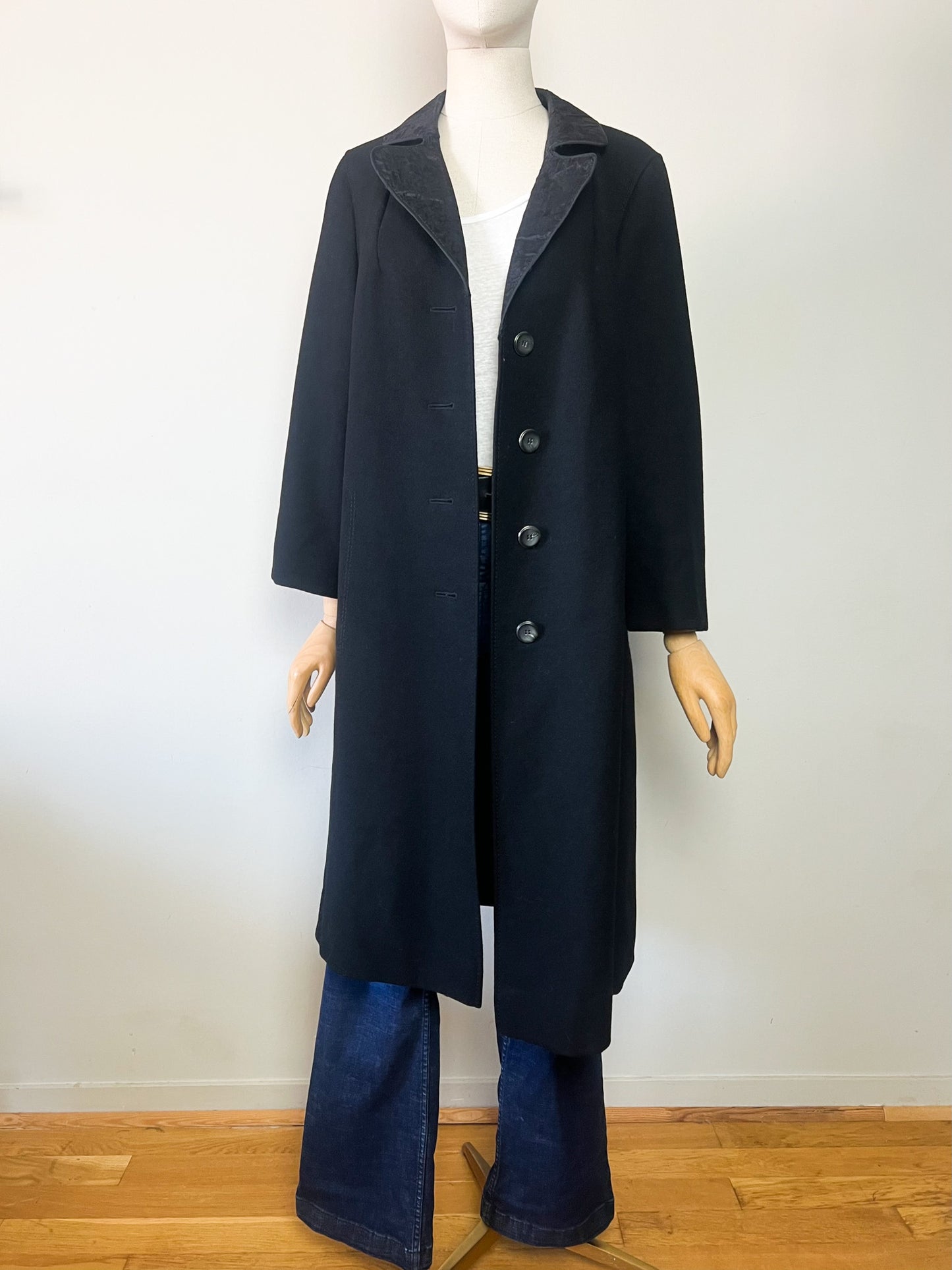 Manteau Vintage Années 60 noir - 100% Pure Laine Vierge - Détails Couture - Paris Chic T40/42