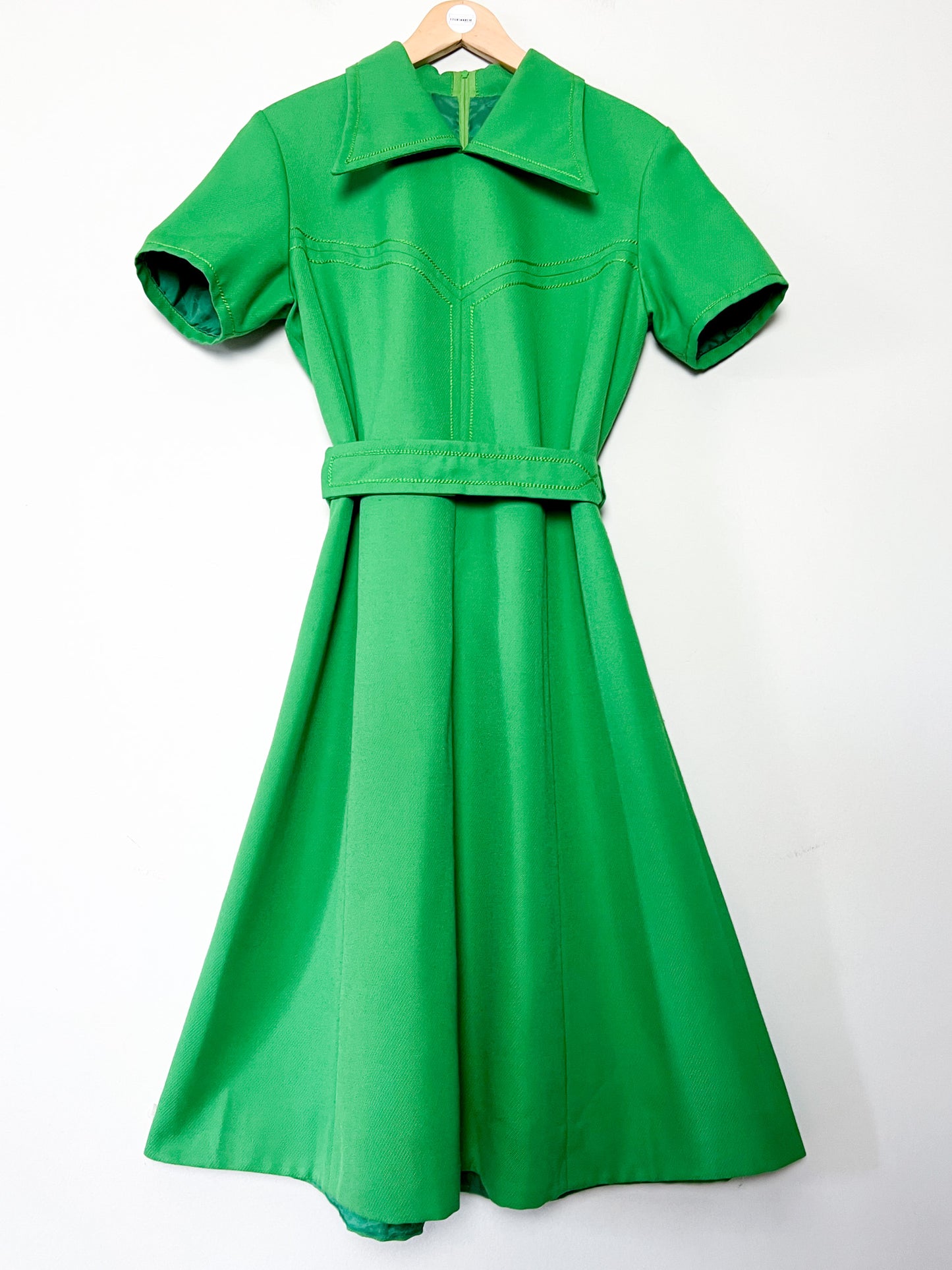 Robe Vintage Années 70 - Laine Vert Prairie - Col Pelle à Tarte & Ceinture - Taille 40 FR