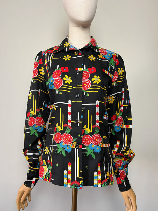 Chemisier Vintage Noir Imprimé Graphique Vif - Style 80s/90s Pop Art - Boutons Fantaisie - Taille 38 FR