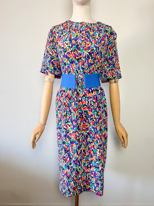 Robe Vintage Années 80 - Imprimé Arlequin Coloré - Made in France - Marcelle Griffon T. 40/42