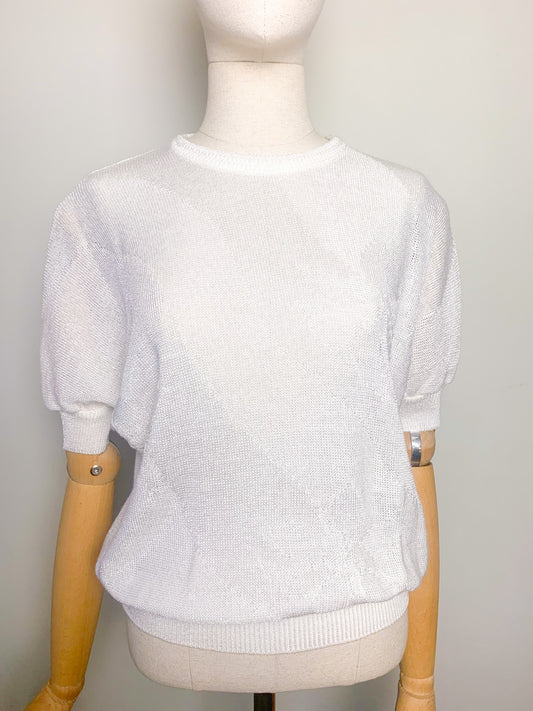 Top en maille manches courtes blanc Vintage
