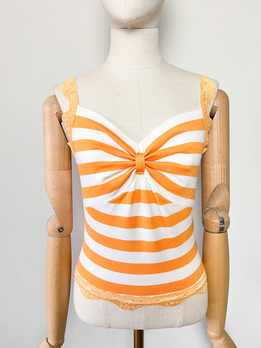 Débardeur Vintage Années 90 - Rayures Orange Doux & Dentelle - T. S