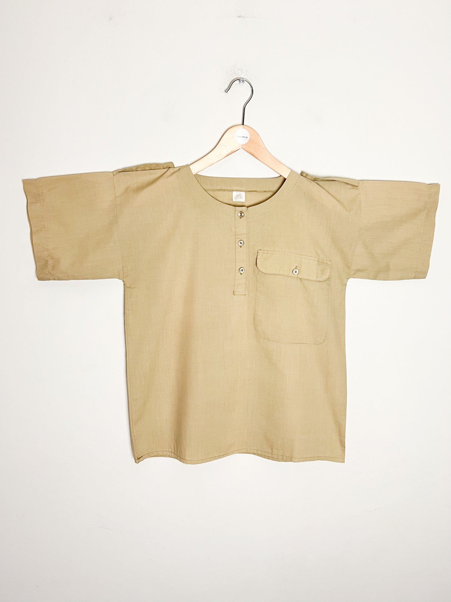 Top Blouse Manches Courtes Vintage Années 90 Style Utility Safari - Beige Kaki - T. 38 (M)