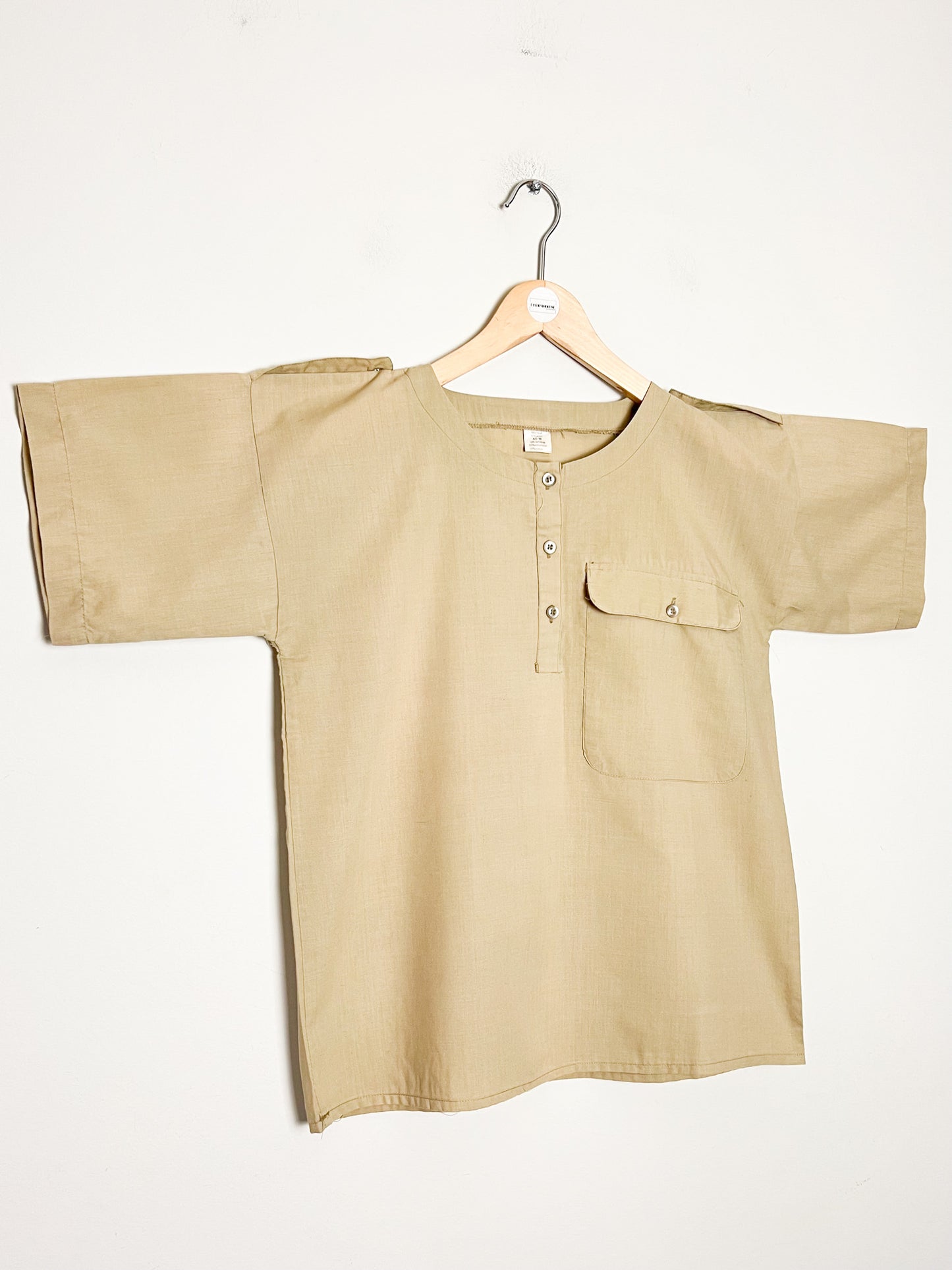 Top Blouse Manches Courtes Vintage Années 90 Style Utility Safari - Beige Kaki - T. 38 (M)