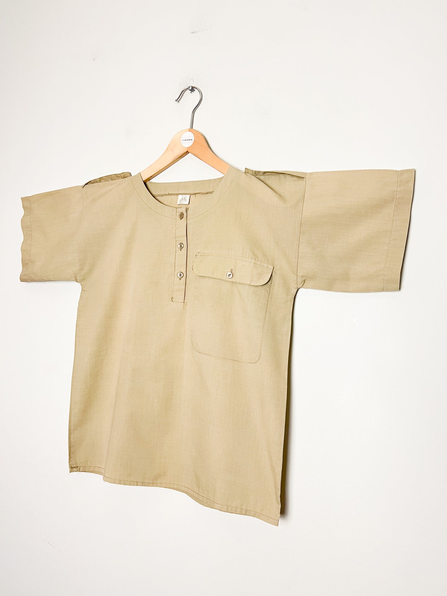 Top Blouse Manches Courtes Vintage Années 90 Style Utility Safari - Beige Kaki - T. 38 (M)