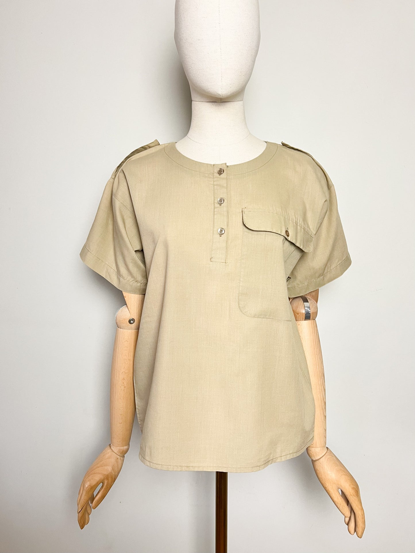 Top Blouse Manches Courtes Vintage Années 90 Style Utility Safari - Beige Kaki - T. 38 (M)