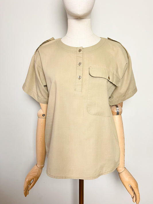 Top Blouse Manches Courtes Vintage Années 90 Style Utility Safari - Beige Kaki - T. 38 (M)