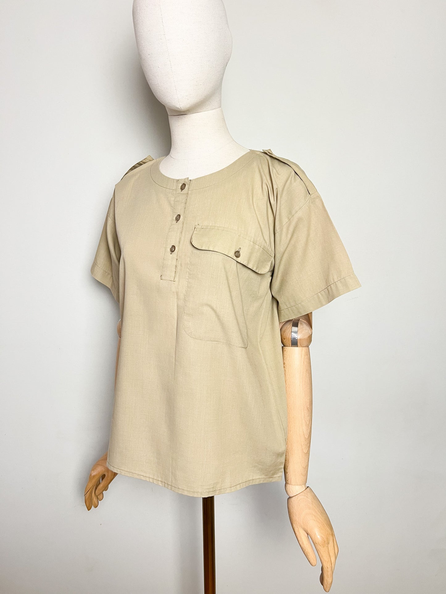 Top Blouse Manches Courtes Vintage Années 90 Style Utility Safari - Beige Kaki - T. 38 (M)