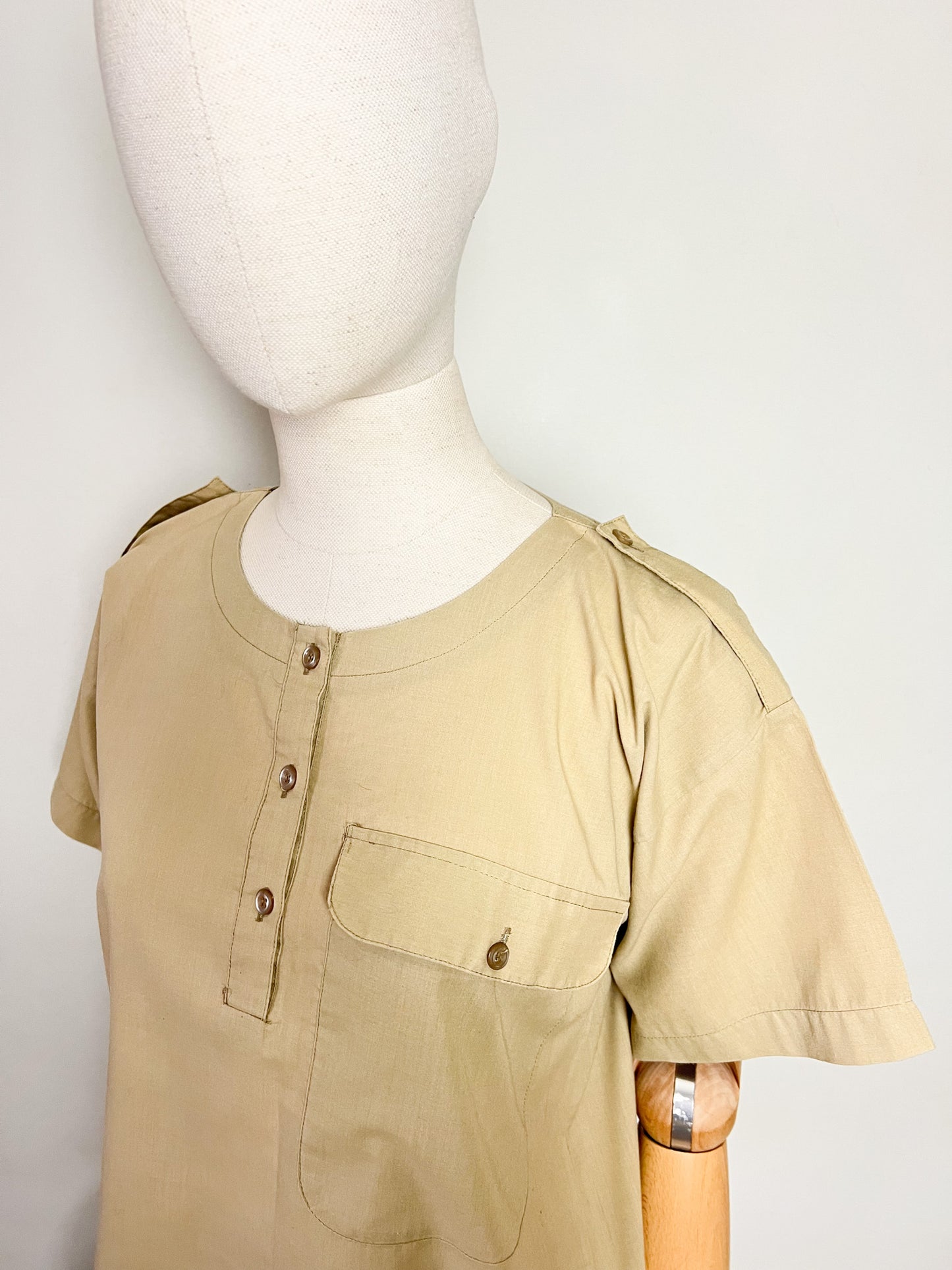 Top Blouse Manches Courtes Vintage Années 90 Style Utility Safari - Beige Kaki - T. 38 (M)