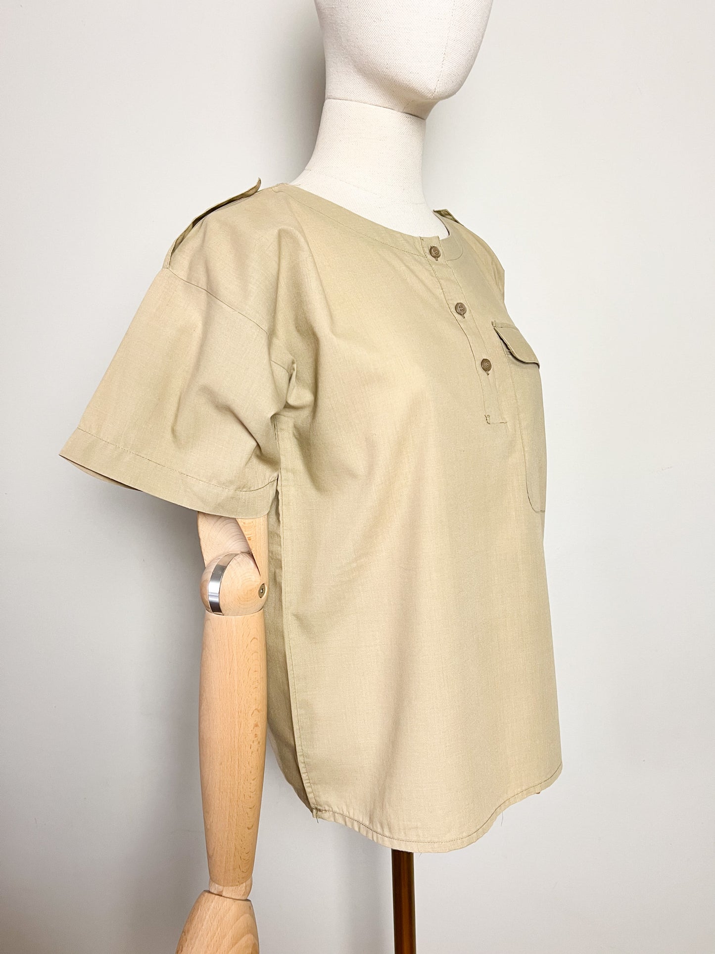 Top Blouse Manches Courtes Vintage Années 90 Style Utility Safari - Beige Kaki - T. 38 (M)