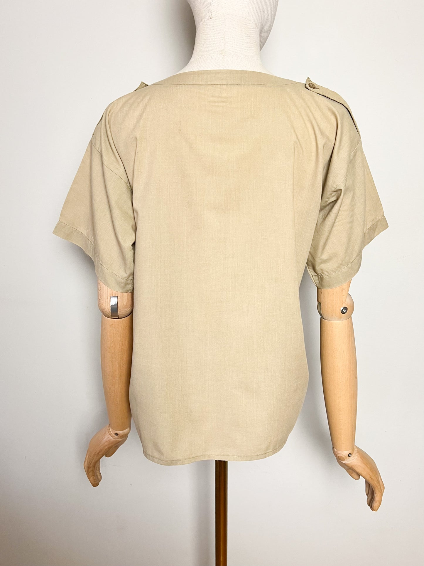 Top Blouse Manches Courtes Vintage Années 90 Style Utility Safari - Beige Kaki - T. 38 (M)