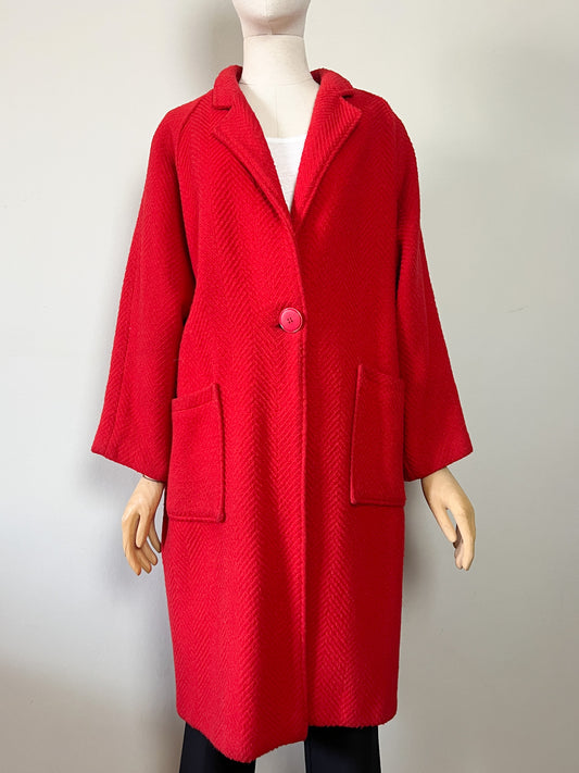 Manteau Power Dressing Vintage Rouge Écarlate - Laine Chevron - Coupe Raglan Oversize - Taille 40/42 FR