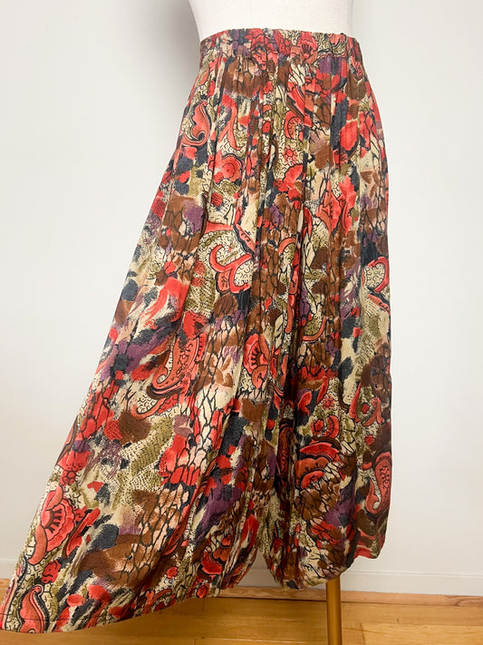 Jupe-Culotte Vintage Wide Leg - Imprimé Abstrait Tons Rouille & Kaki - Taille 42/44 (Années 90)