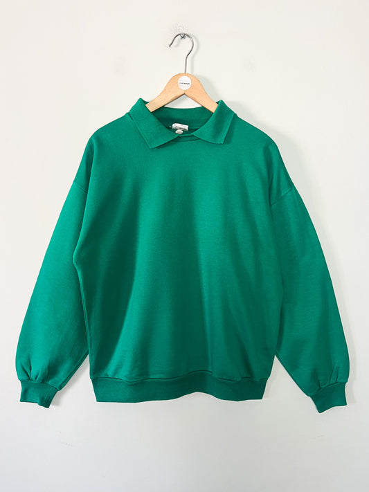 Sweatshirt Vintage Années 80 90 Unisexe Vert Gazon - Coupe Oversize - Petit Col - T. M/L