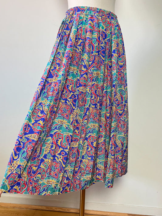 Jupe Midi Plissée Vintage Années 70 80 - Imprimé Multicolore Cachemire Paisley - T. 36/38
