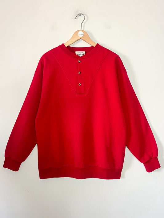 Sweatshirt Vintage Années 90 Unisexe - Rouge - Col Tunisien Boutonné - La Sweaterie T. M