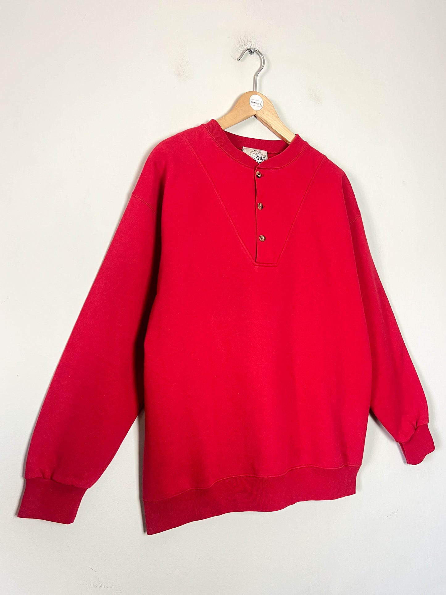 Sweatshirt Vintage Années 90 Unisexe - Rouge - Col Tunisien Boutonné - La Sweaterie T. M