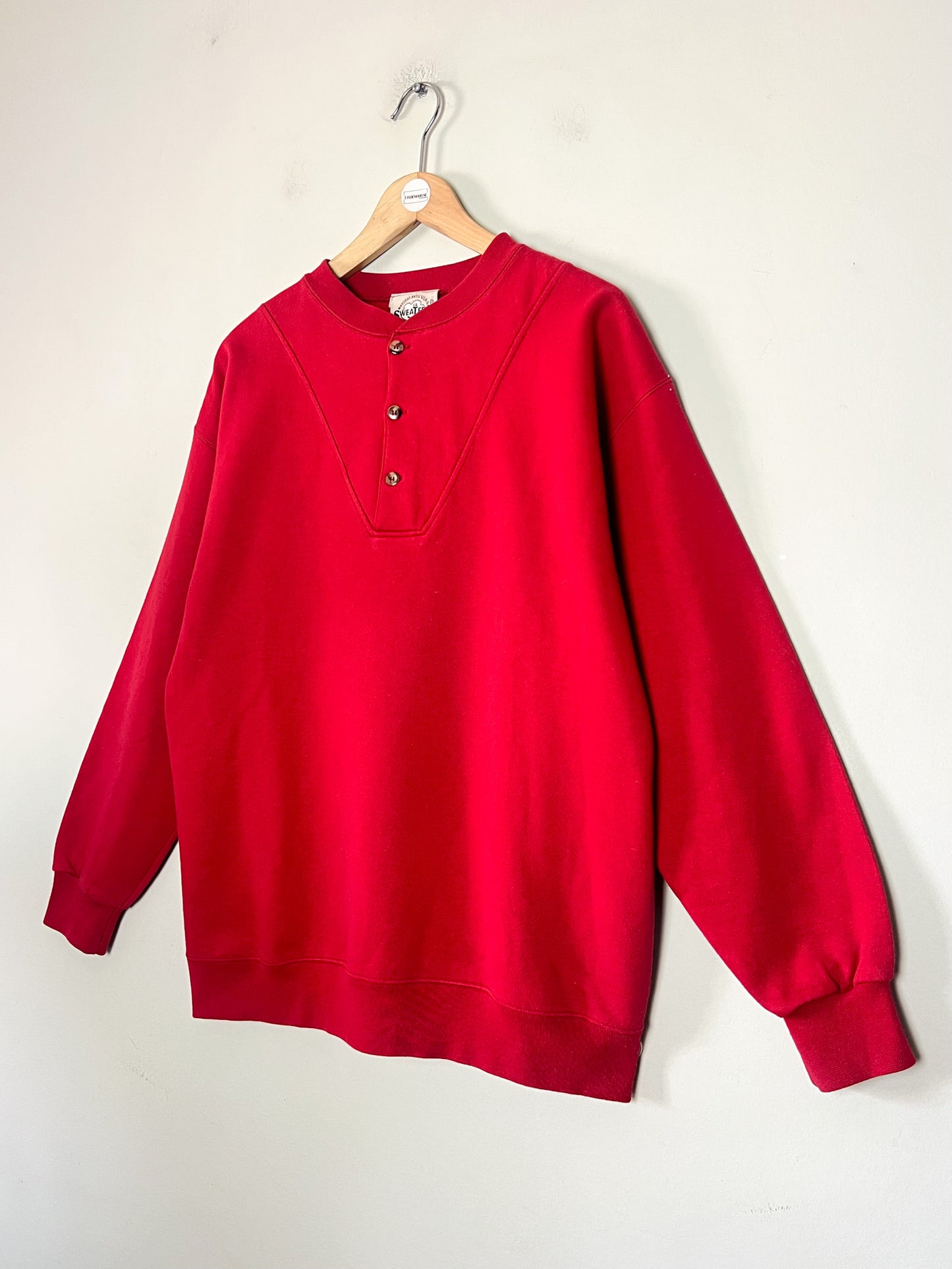 Sweatshirt Vintage Années 90 Unisexe - Rouge - Col Tunisien Boutonné - La Sweaterie T. M