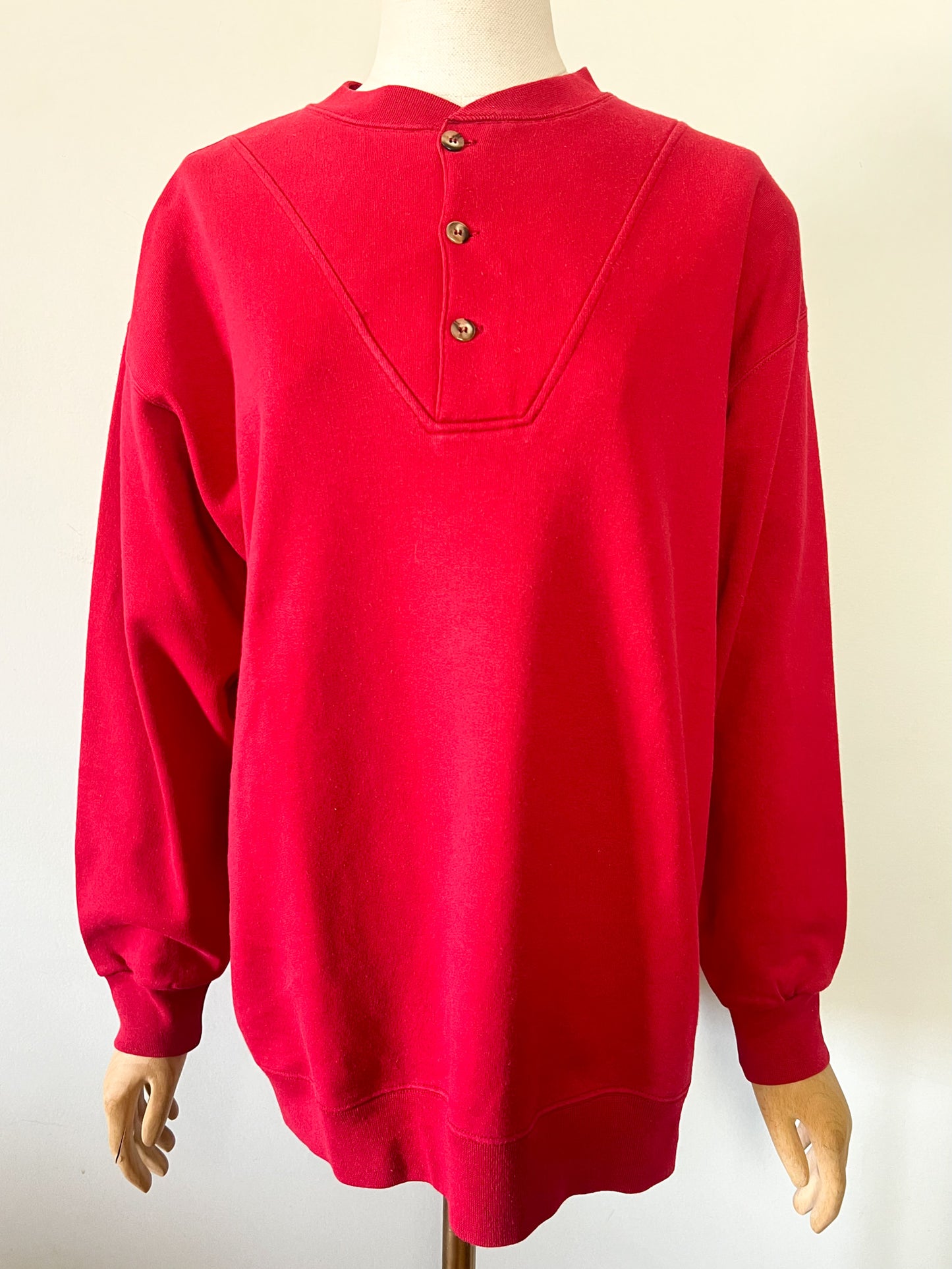 Sweatshirt Vintage Années 90 Unisexe - Rouge - Col Tunisien Boutonné - La Sweaterie T. M