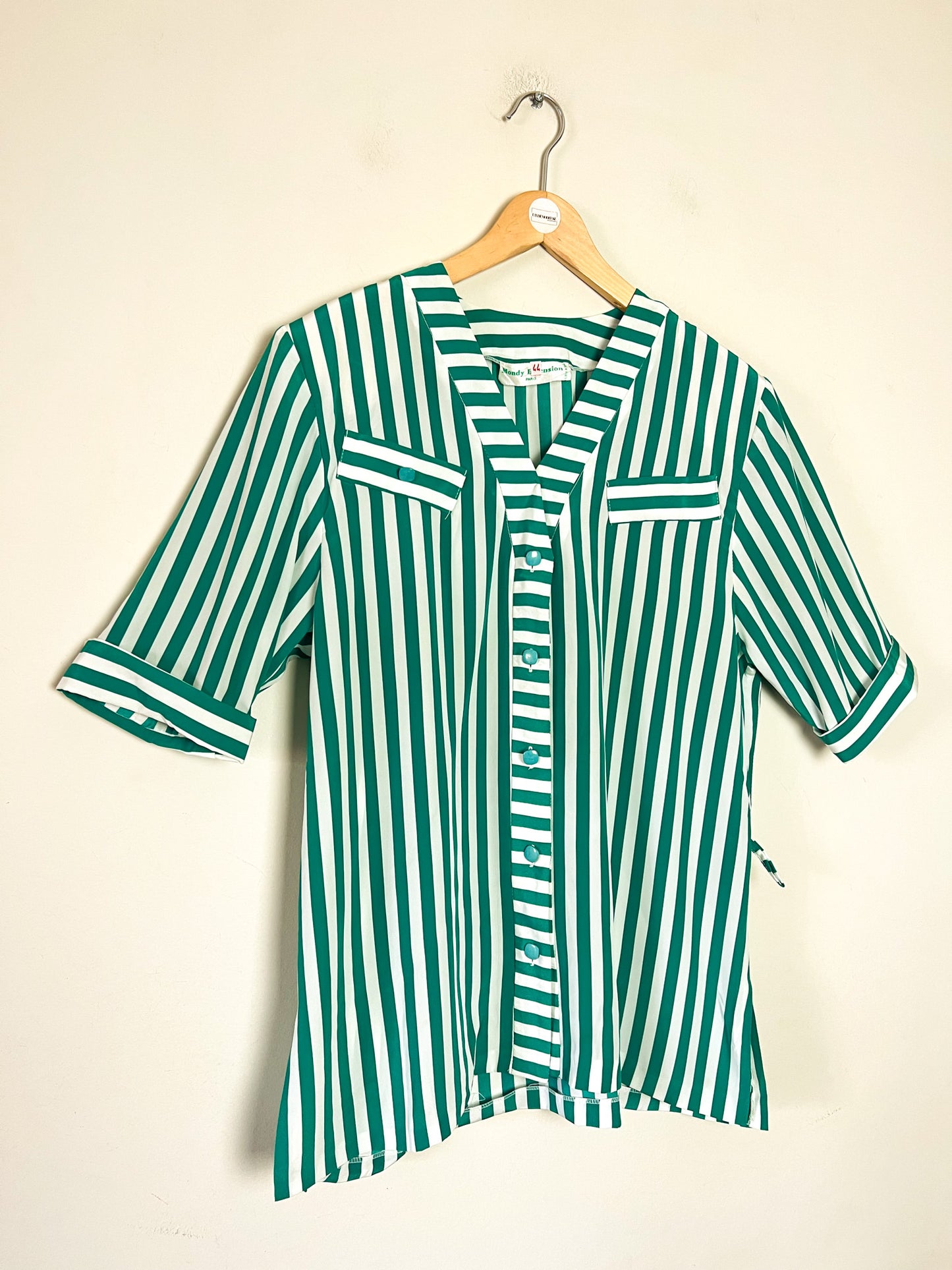 Blouse Tunique Vintage Années 80 - Rayures Vert/Blanc - Made in France Mondy Extension - T. 40/42
