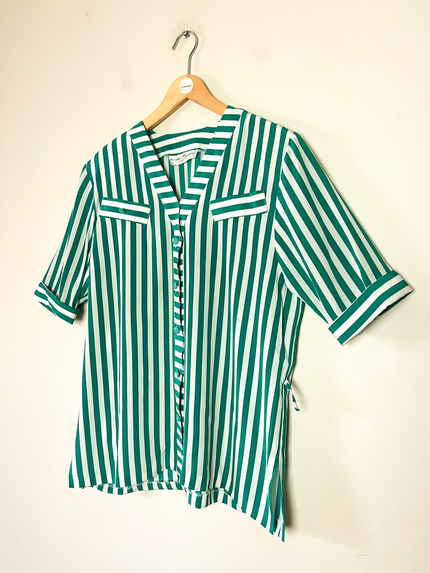 Blouse Tunique Vintage Années 80 - Rayures Vert/Blanc - Made in France Mondy Extension - T. 40/42