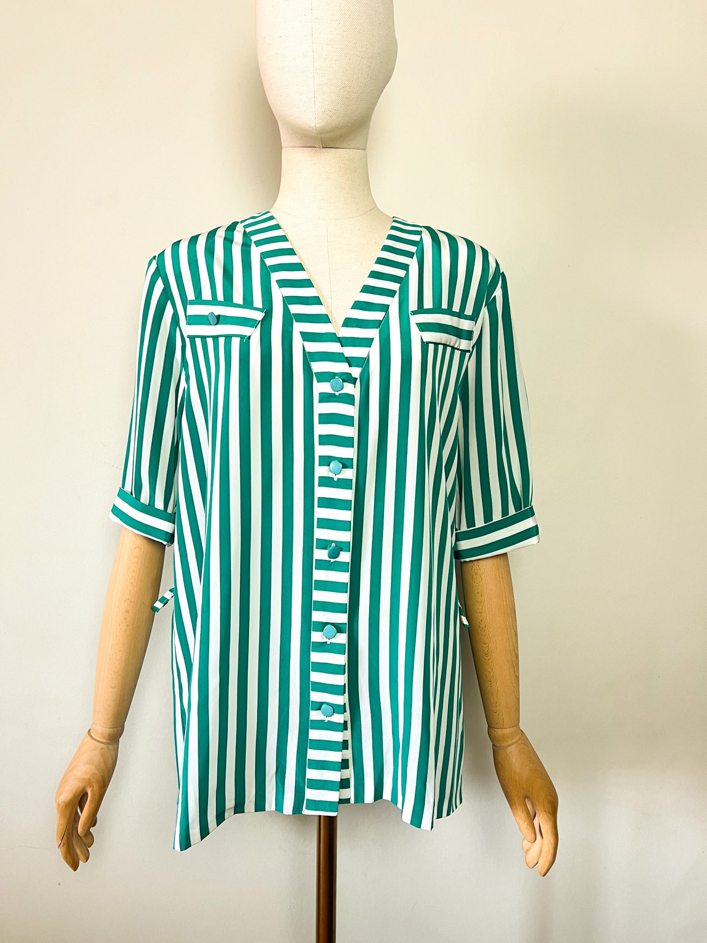 Blouse Tunique Vintage Années 80 - Rayures Vert/Blanc - Made in France Mondy Extension - T. 40/42