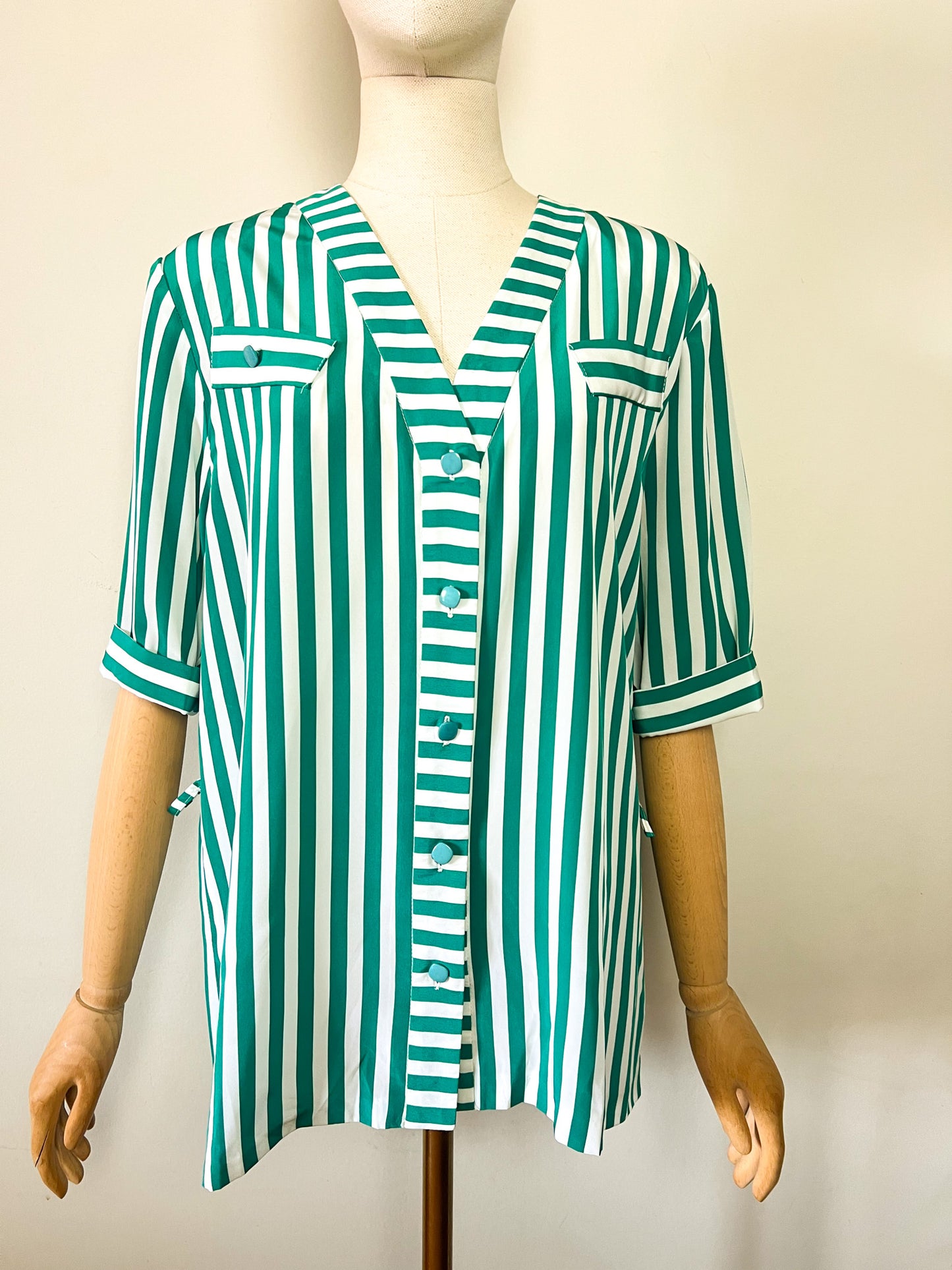 Blouse Tunique Vintage Années 80 - Rayures Vert/Blanc - Made in France Mondy Extension - T. 40/42