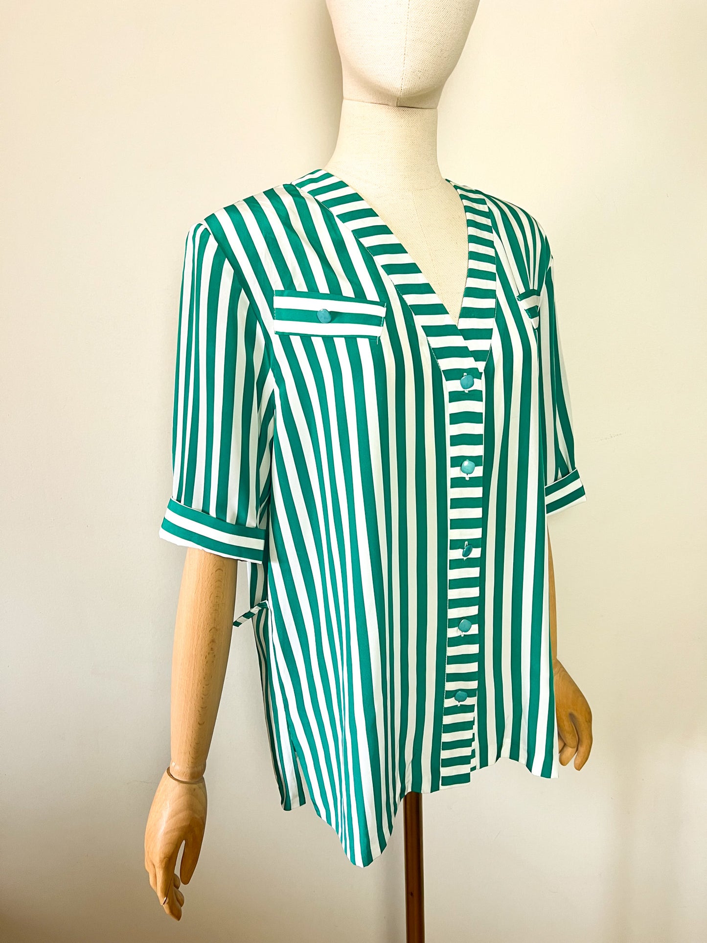 Blouse Tunique Vintage Années 80 - Rayures Vert/Blanc - Made in France Mondy Extension - T. 40/42