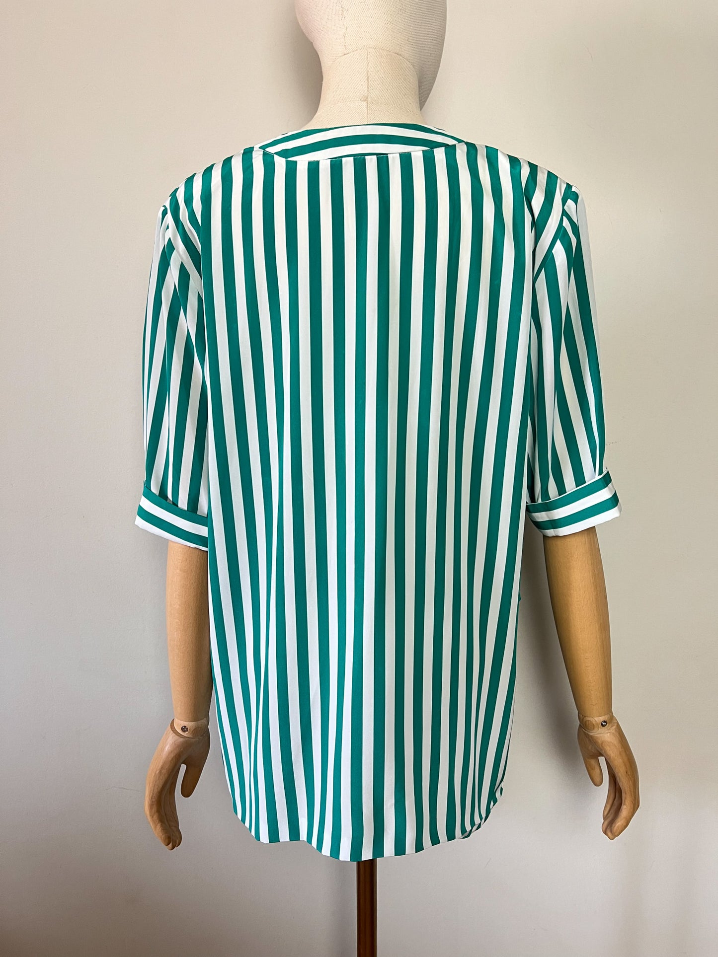 Blouse Tunique Vintage Années 80 - Rayures Vert/Blanc - Made in France Mondy Extension - T. 40/42