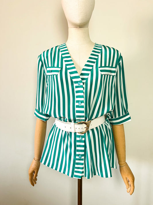 Blouse Tunique Vintage Années 80 - Rayures Vert/Blanc - Made in France Mondy Extension - T. 40/42
