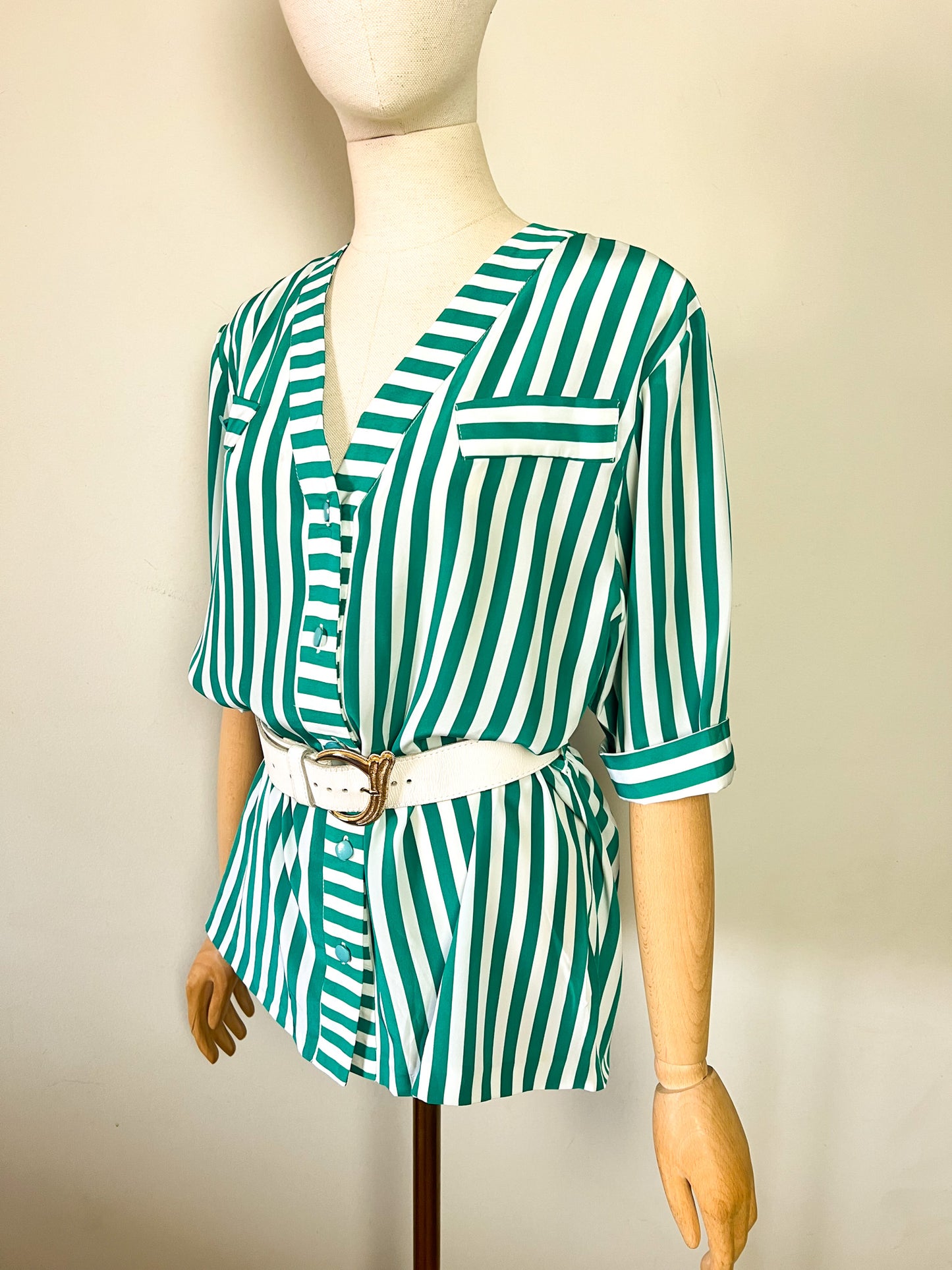 Blouse Tunique Vintage Années 80 - Rayures Vert/Blanc - Made in France Mondy Extension - T. 40/42