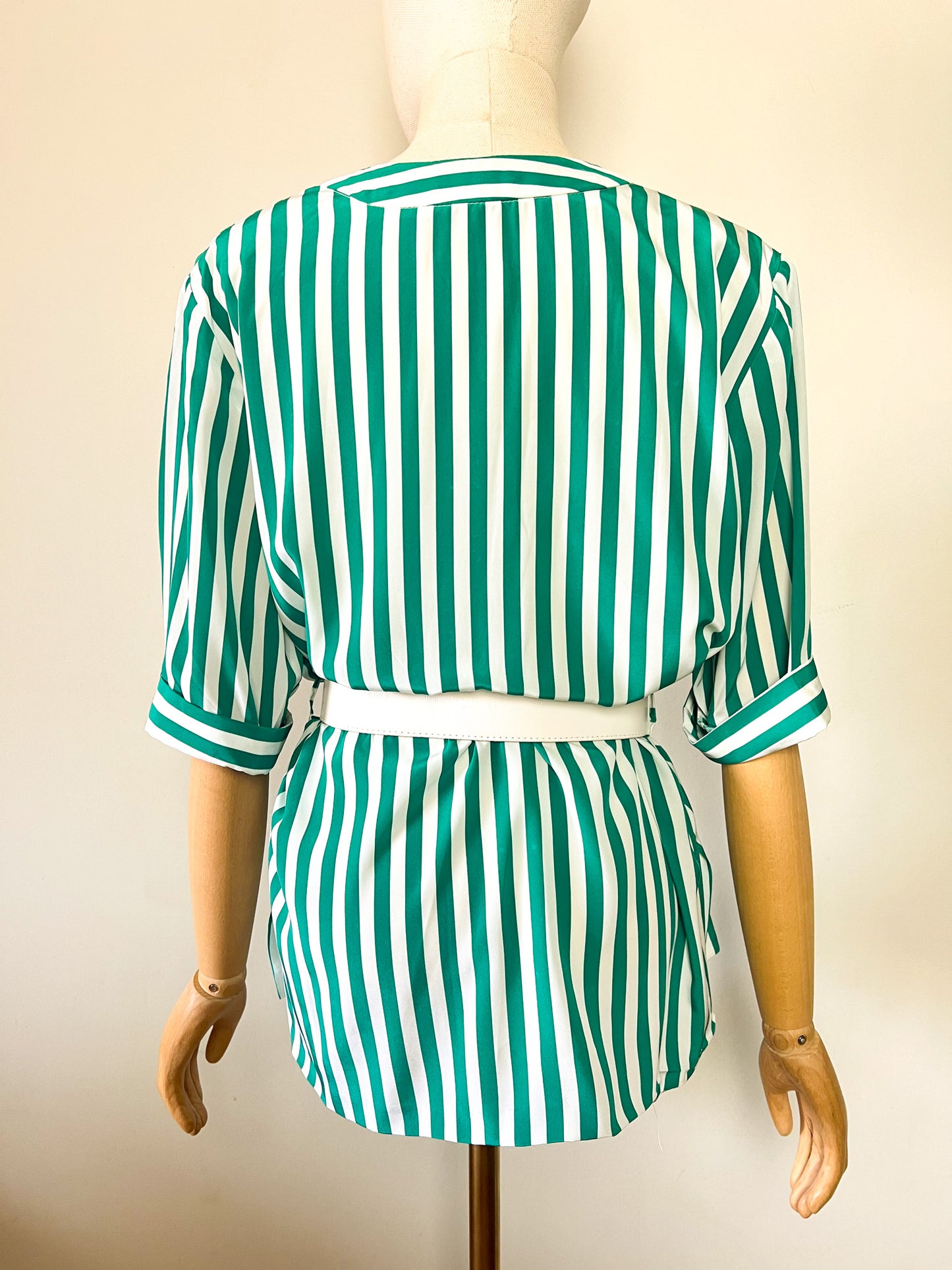 Blouse Tunique Vintage Années 80 - Rayures Vert/Blanc - Made in France Mondy Extension - T. 40/42