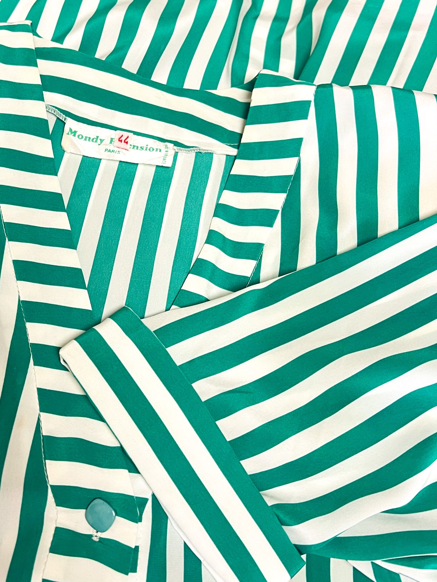 Blouse Tunique Vintage Années 80 - Rayures Vert/Blanc - Made in France Mondy Extension - T. 40/42