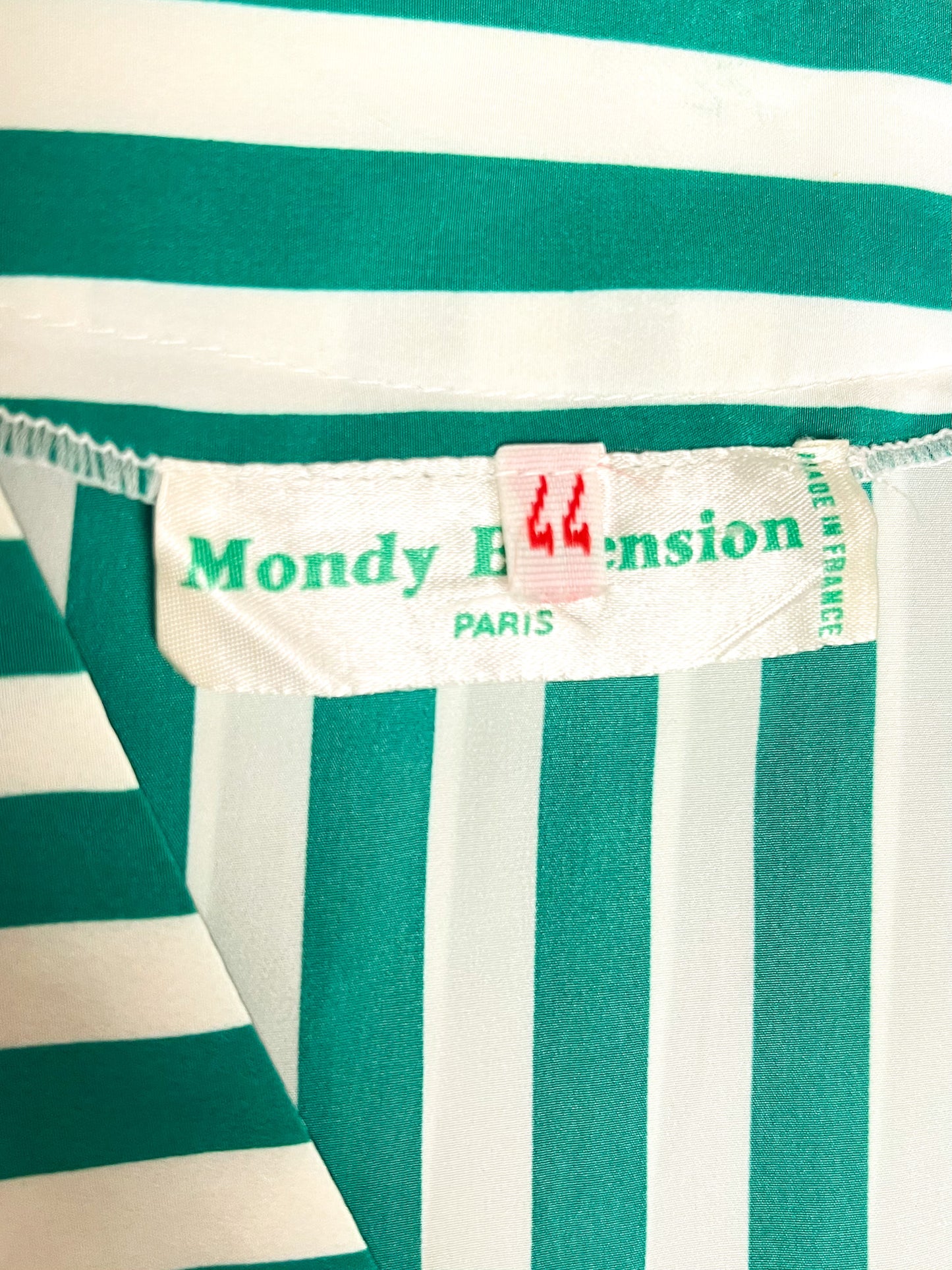 Blouse Tunique Vintage Années 80 - Rayures Vert/Blanc - Made in France Mondy Extension - T. 40/42