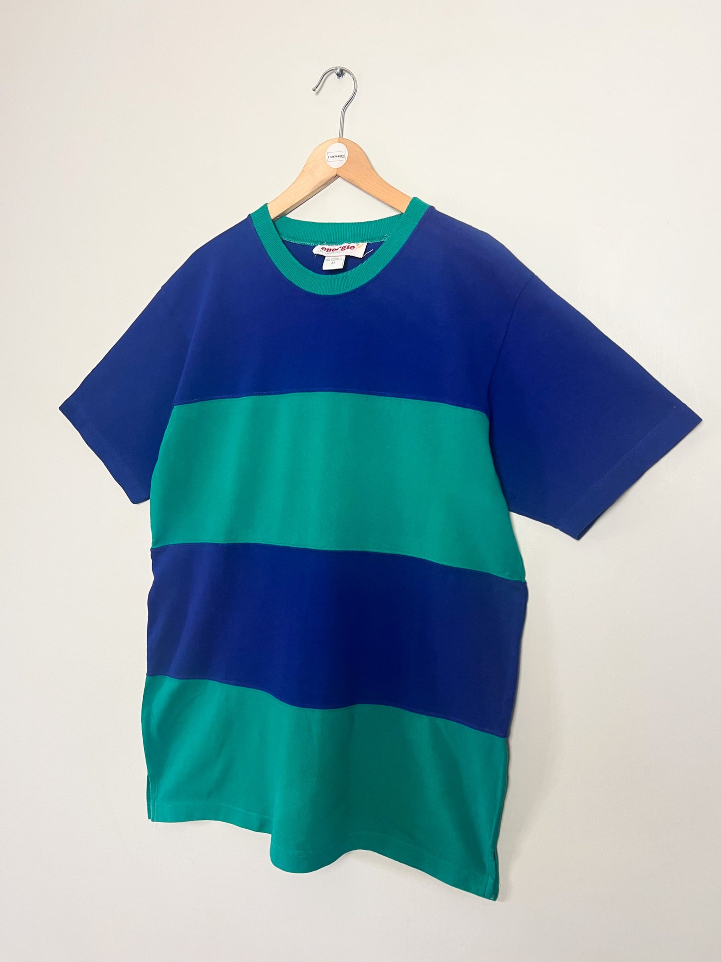 T-shirt Vintage Années 90 - Coton Piqué Rayé Bleu & Vert - Coupe Ample – Energie - Unisexe T. M/L