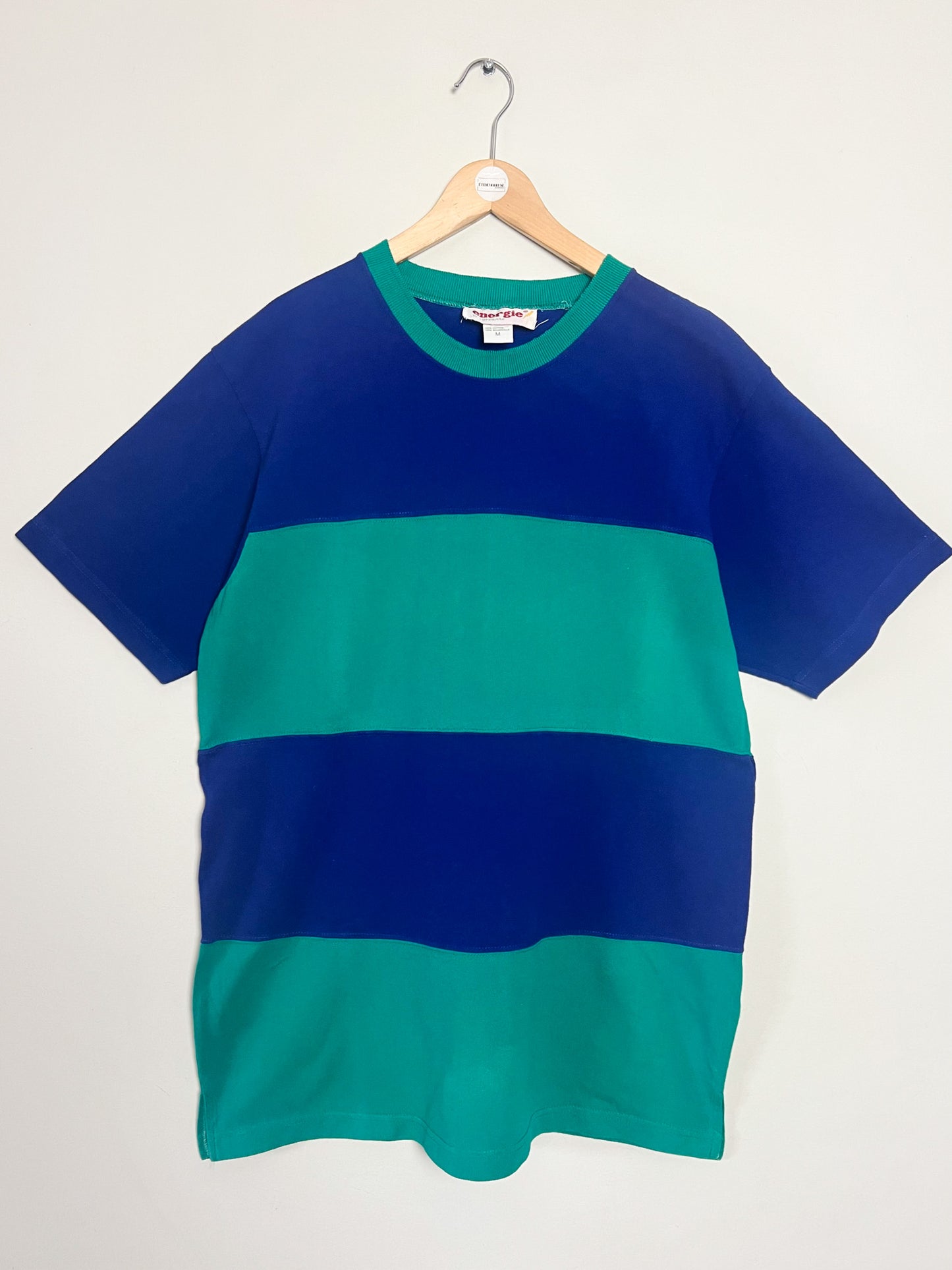 T-shirt Vintage Années 90 - Coton Piqué Rayé Bleu & Vert - Coupe Ample – Energie - Unisexe T. M/L