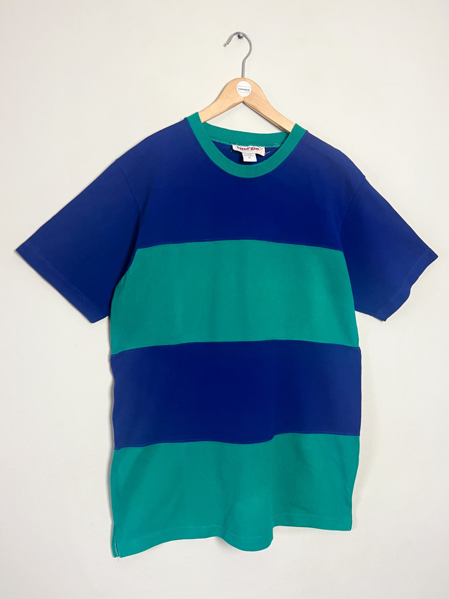 T-shirt Vintage Années 90 - Coton Piqué Rayé Bleu & Vert - Coupe Ample – Energie - Unisexe T. M/L