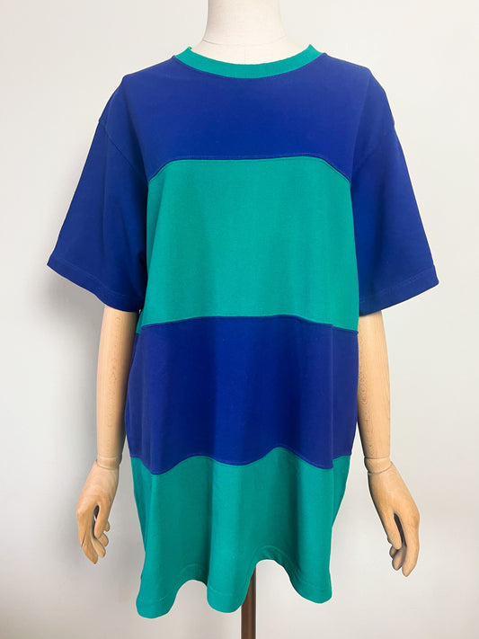 T-shirt Vintage Années 90 - Coton Piqué Rayé Bleu & Vert - Coupe Ample – Energie - Unisexe T. M/L