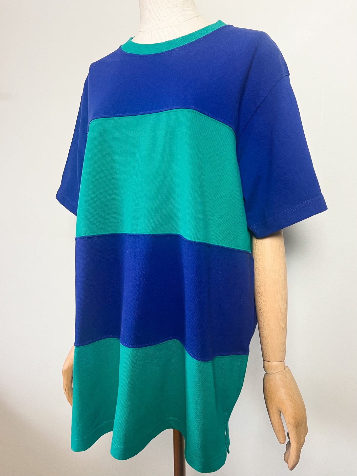 T-shirt Vintage Années 90 - Coton Piqué Rayé Bleu & Vert - Coupe Ample – Energie - Unisexe T. M/L