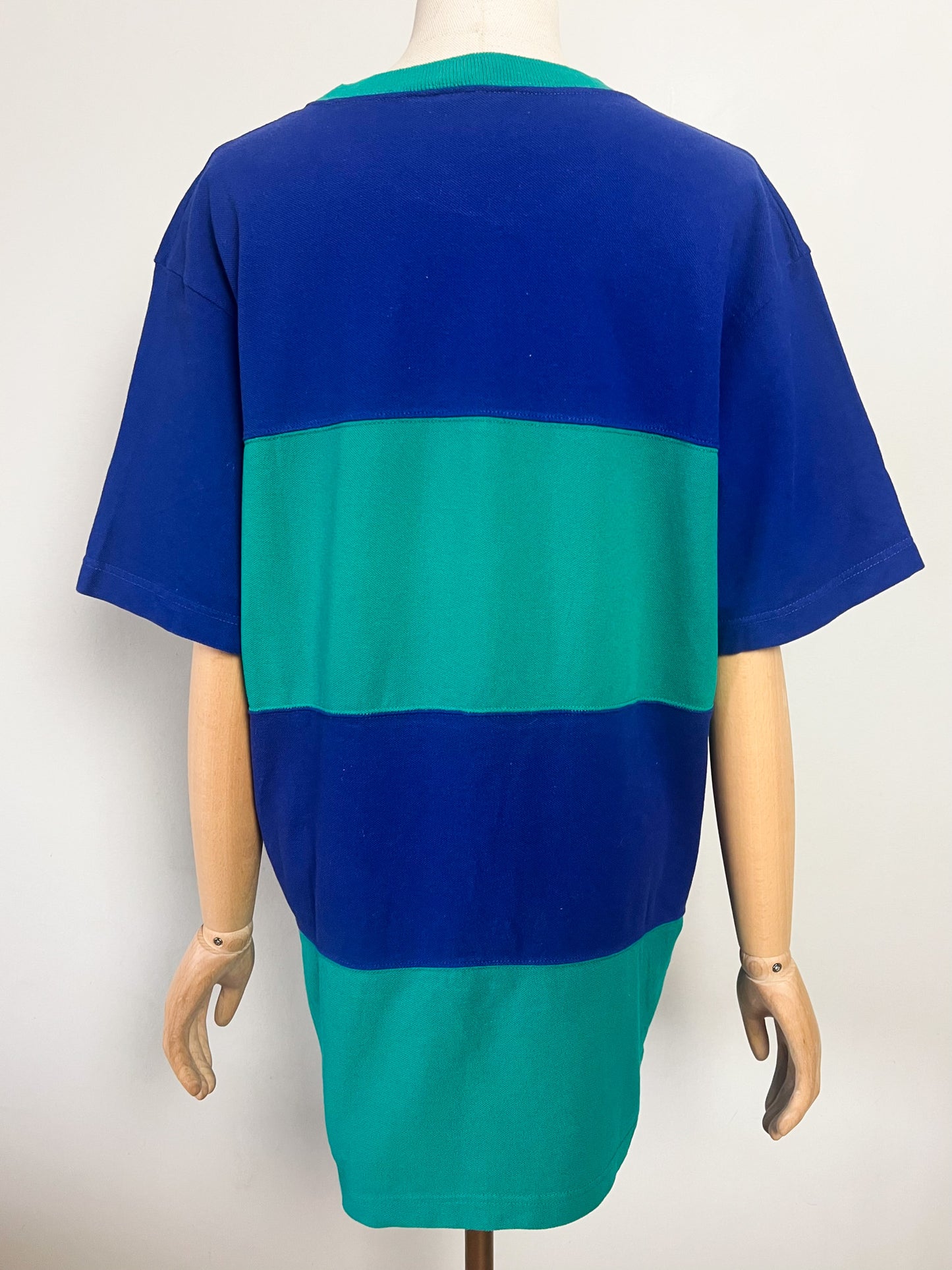 T-shirt Vintage Années 90 - Coton Piqué Rayé Bleu & Vert - Coupe Ample – Energie - Unisexe T. M/L