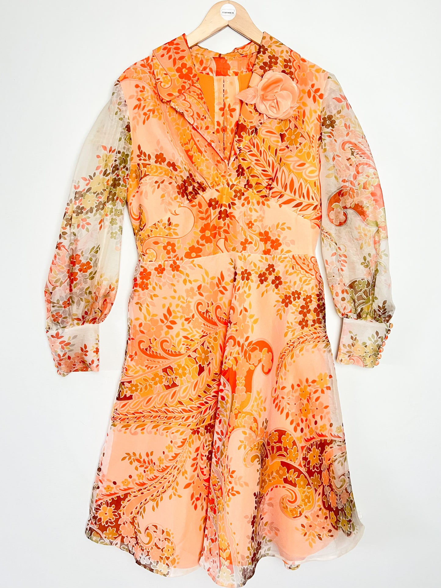 Robe de Couturière Vintage Années 70 - Chic & Bohème – tons orangés à Fleurs - T. 38