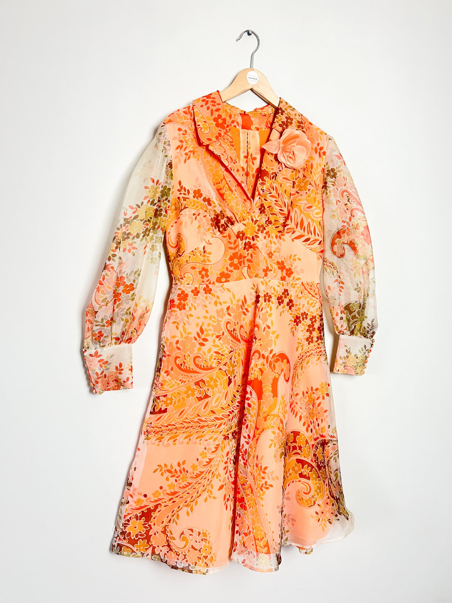 Robe de Couturière Vintage Années 70 - Chic & Bohème – tons orangés à Fleurs - T. 38