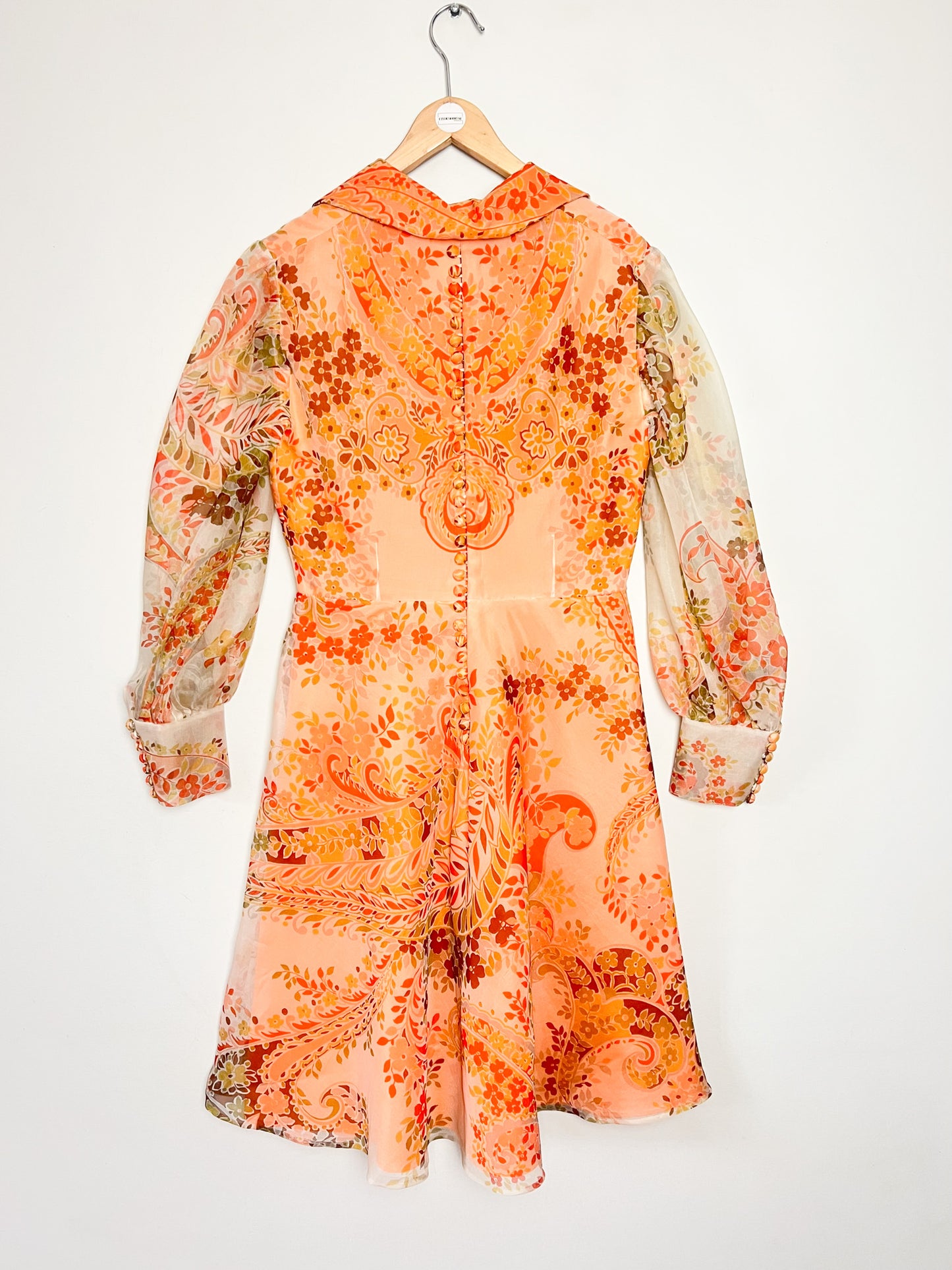Robe de Couturière Vintage Années 70 - Chic & Bohème – tons orangés à Fleurs - T. 38