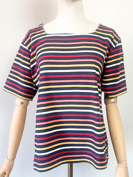 T-shirt Vintage Années 90 - Rayures Multicolores - Pur Coton - Col Carré - Marine & Co T. L