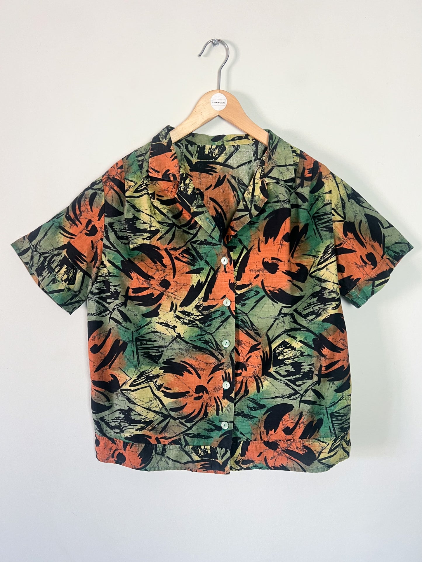 Chemise Vintage Années 90 Graphique - Vert, Marron & Noir - Coupe Ample & Plis Épaules - T. 40/42 (L/XL)