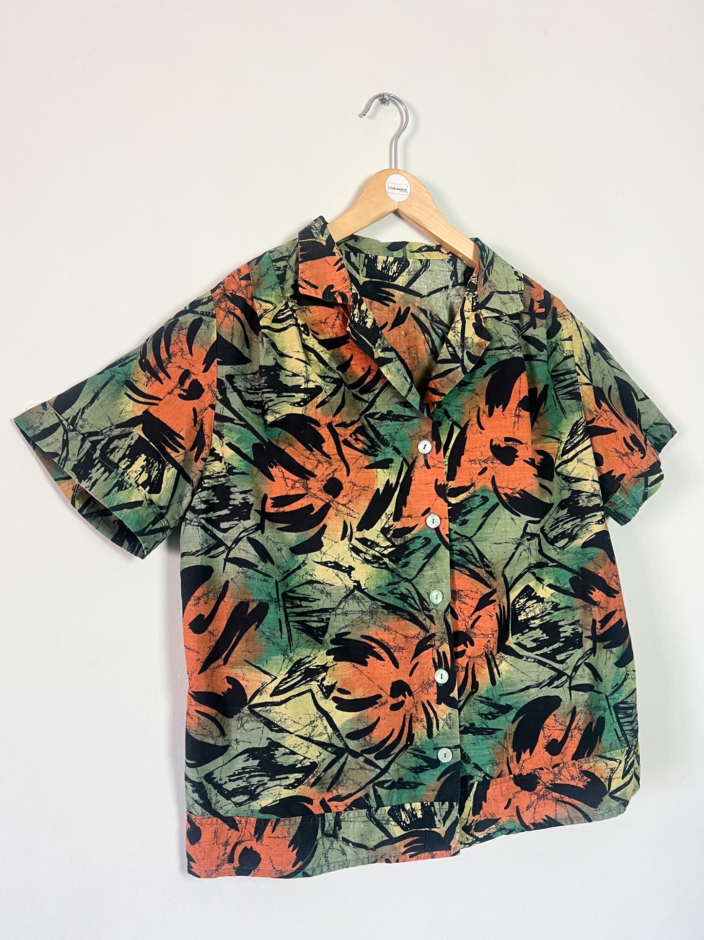 Chemise Vintage Années 90 Graphique - Vert, Marron & Noir - Coupe Ample & Plis Épaules - T. 40/42 (L/XL)