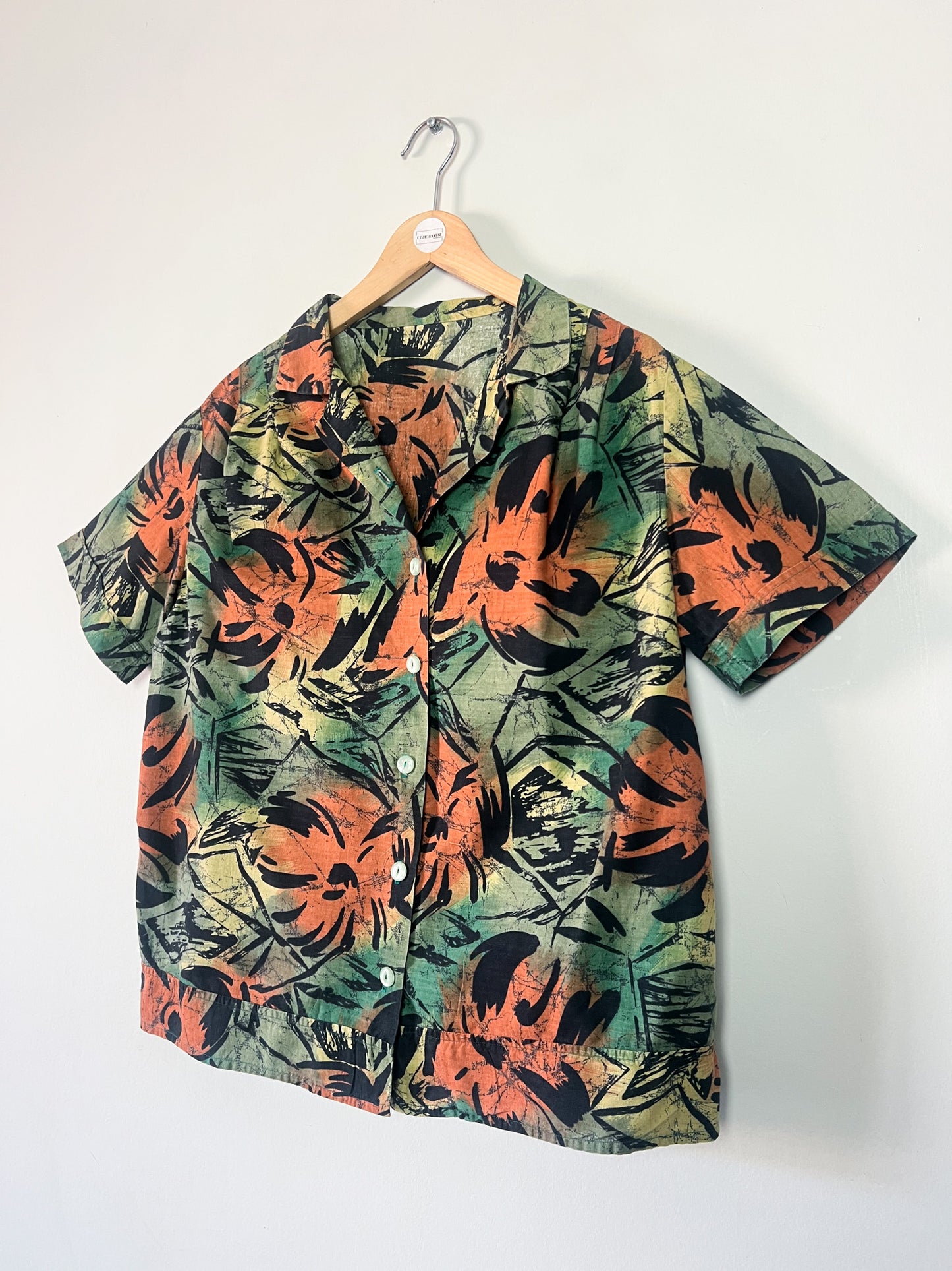Chemise Vintage Années 90 Graphique - Vert, Marron & Noir - Coupe Ample & Plis Épaules - T. 40/42 (L/XL)