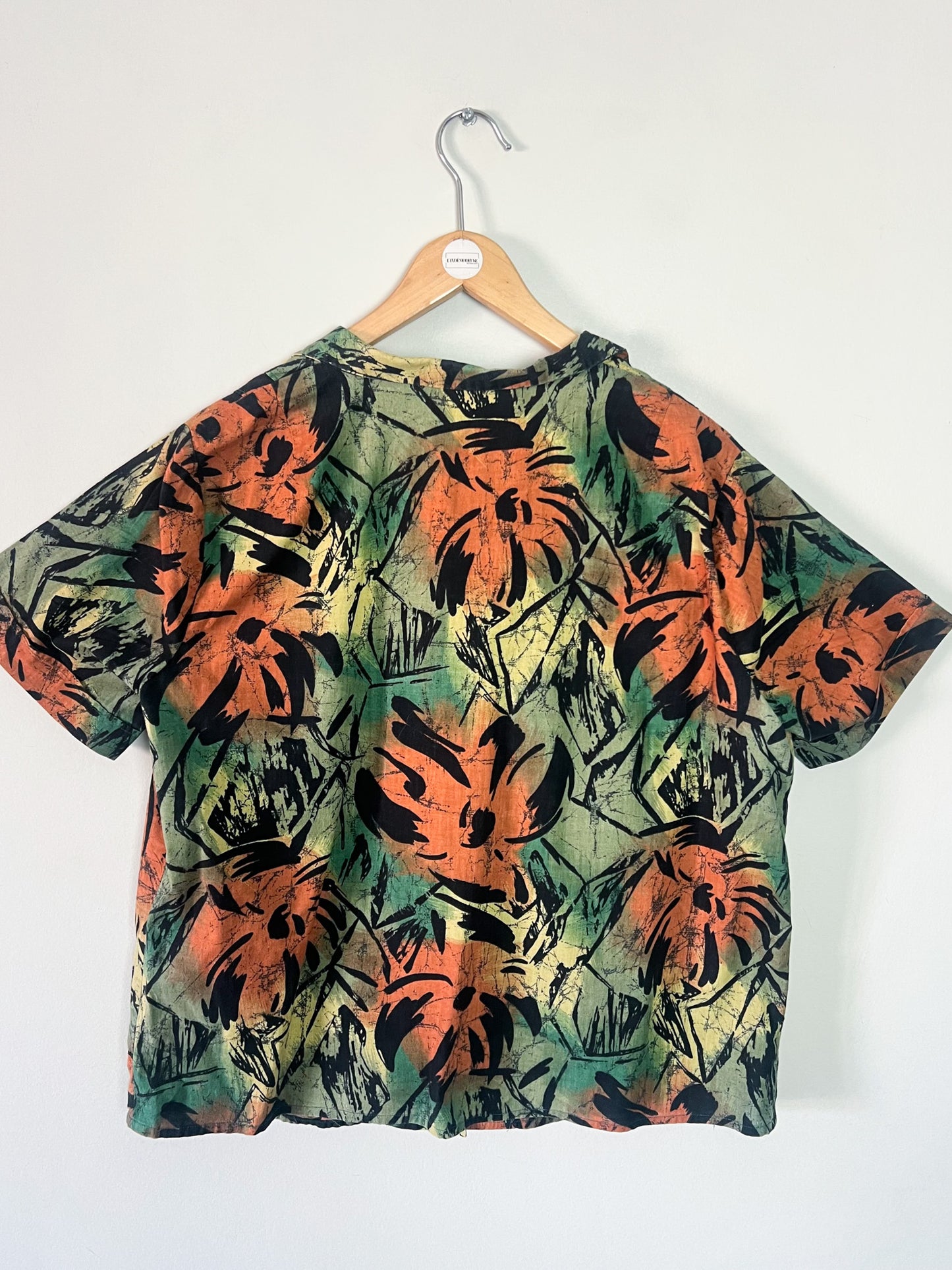 Chemise Vintage Années 90 Graphique - Vert, Marron & Noir - Coupe Ample & Plis Épaules - T. 40/42 (L/XL)